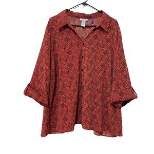 Catherines Sz 3XP 26/28WP Orange Black Geometric 3/4 Sleeve Button Up Top